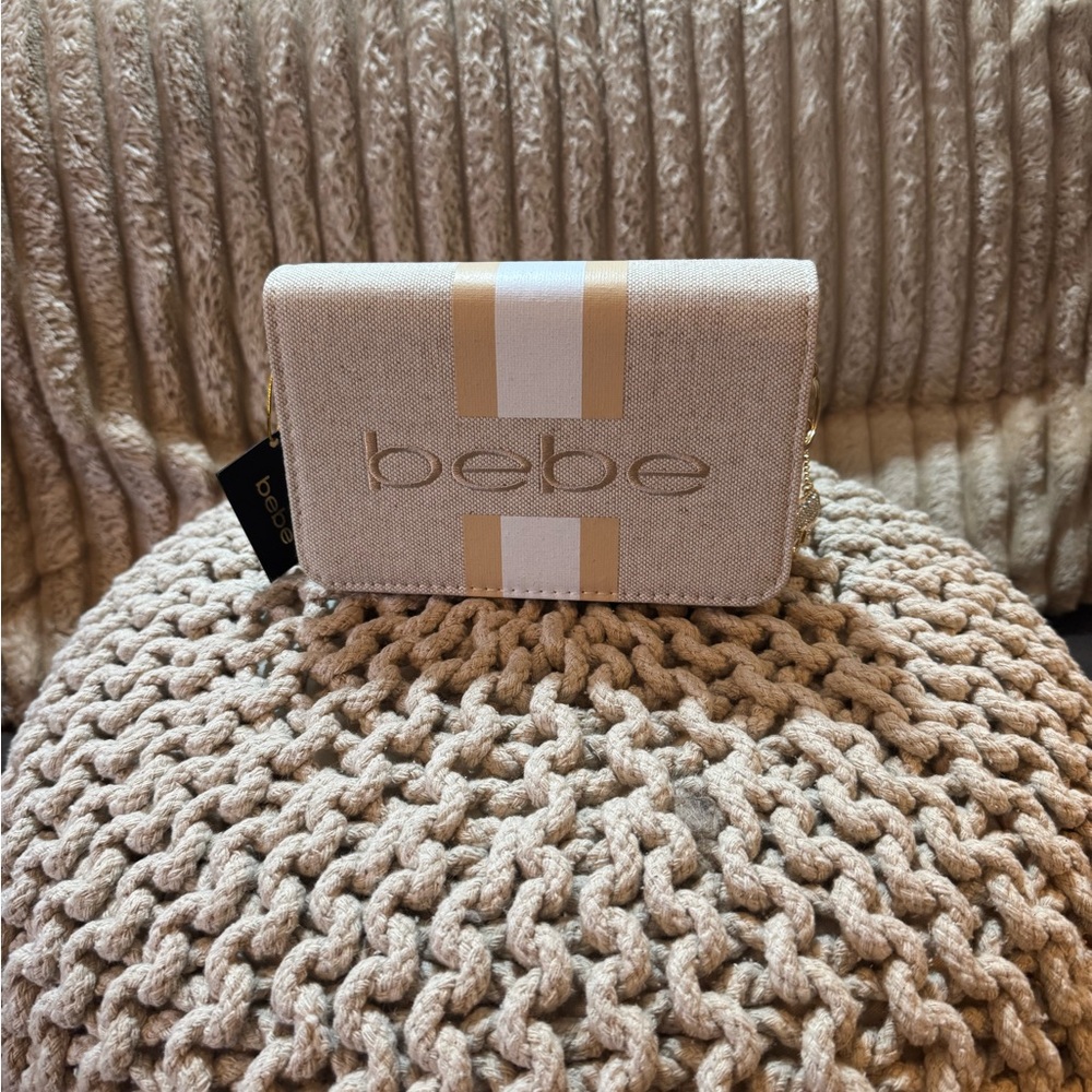 Bebe Cream and Gold Stripe Crossbody Bag with 22” Gold Linked Chain Strap
